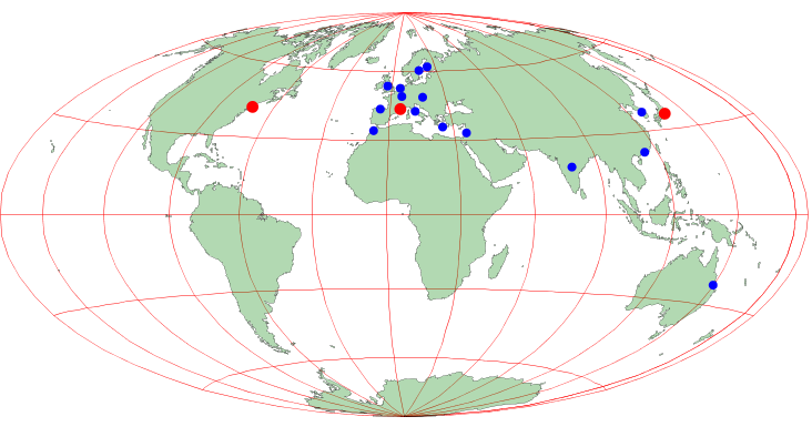 The Globe, with dots denoting the hosts, the offices, and team residences