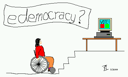 Person in a wheechair trying to get to a voting machine on the top of stairs...